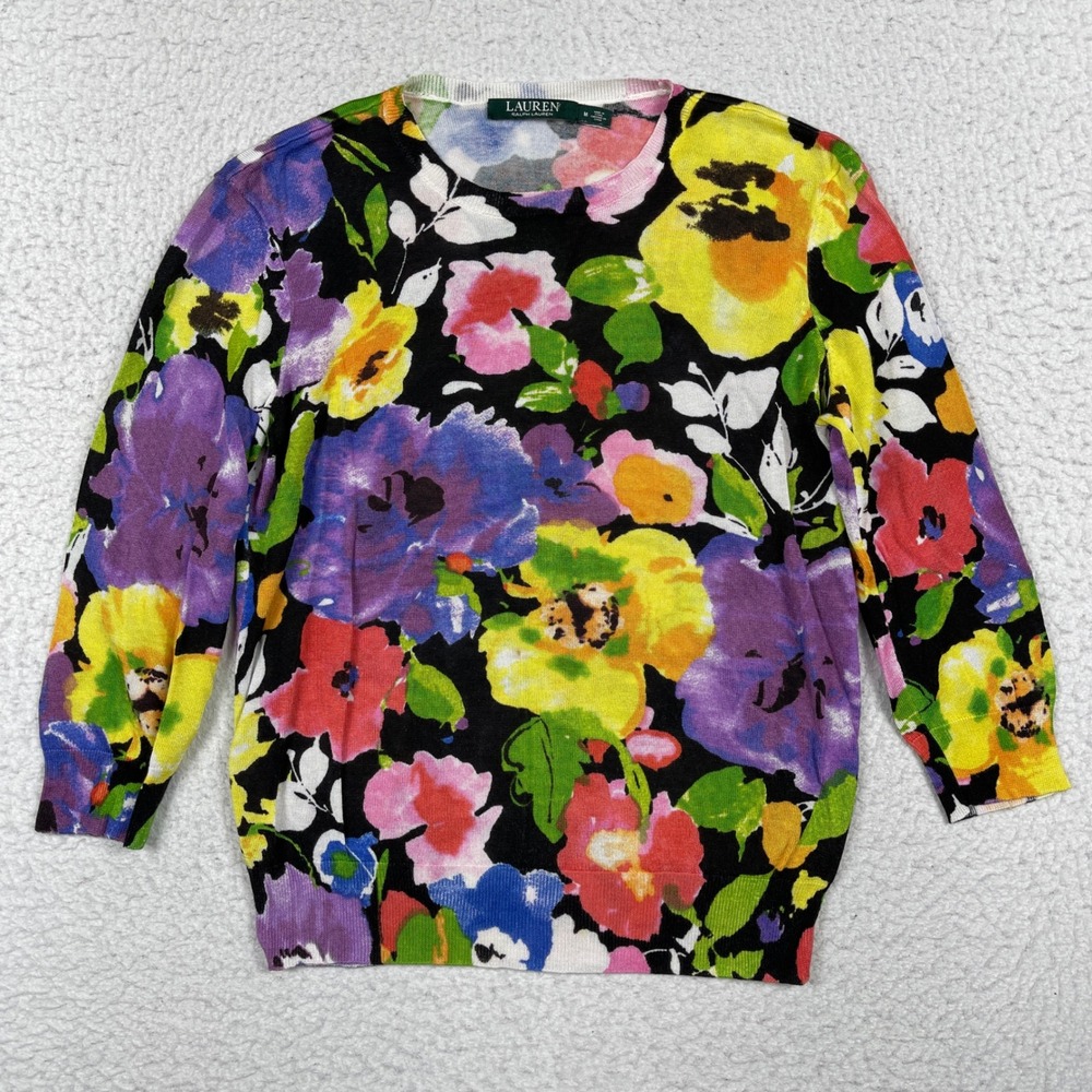 Lauren Ralph Lauren Sweater Womens M Multi Floral Crew Neck Knit Preppy Bright